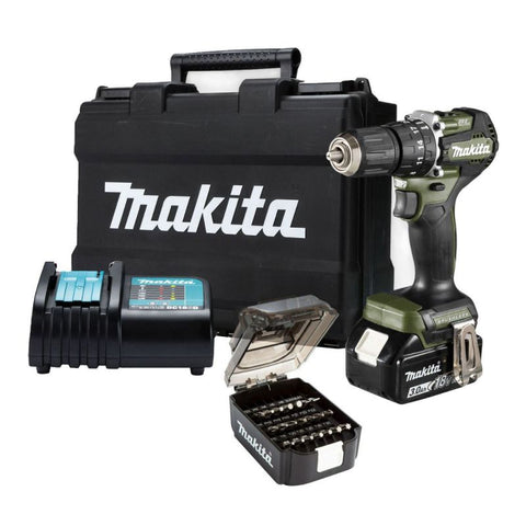 MAKITA DHP487FX3O 18v BL Green/Black Combi Drill with 1x3ah Battery Main Image