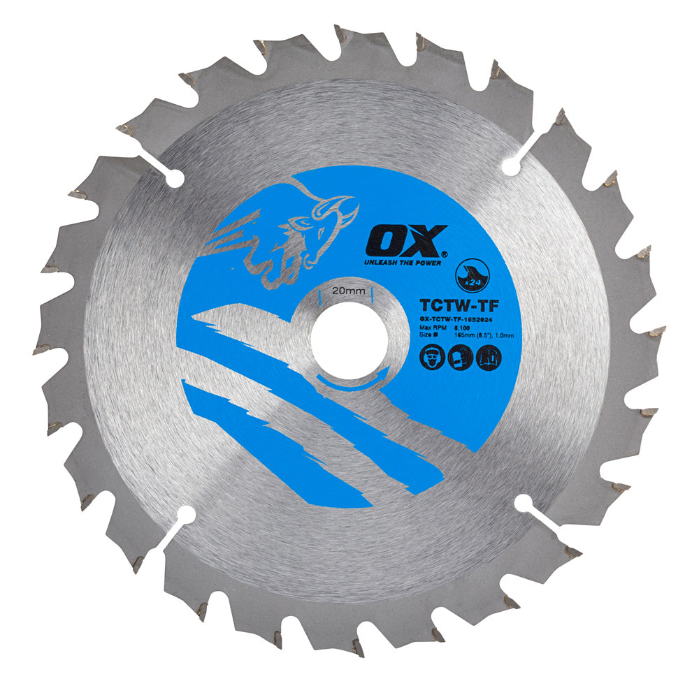 OX Wood Cutting Thin Kerf Circular Saw Blade 165/20mm, 24 Teeth ATB - OX-TCTW-TF-1652024 Main Image