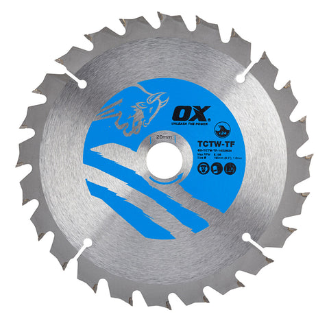 OX Wood Cutting Thin Kerf Circular Saw Blade 165/20mm, 24 Teeth ATB - OX-TCTW-TF-1652024 Main Image