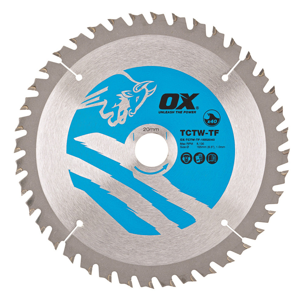 OX Wood Cutting Thin Kerf Circular Saw Blade 165/20mm, 40 Teeth ATB - OX-TCTW-TF-1652040 Main Image