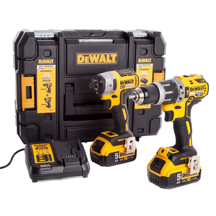 Dewalt DCK266P2T-GB 18V XR Brushless 2 Piece Kit with 2x 5.0Ah Batteries, Charger & TSTAK Case Main Image