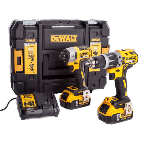 Dewalt DCK266P2T-GB 18V XR Brushless 2 Piece Kit with 2x 5.0Ah Batteries, Charger & TSTAK Case Main Image