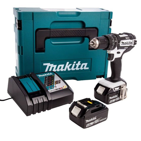 Makita DHP482RTWJ 18v LXT White Combi Drill inc 2x 5.0Ah Batteries Main Image