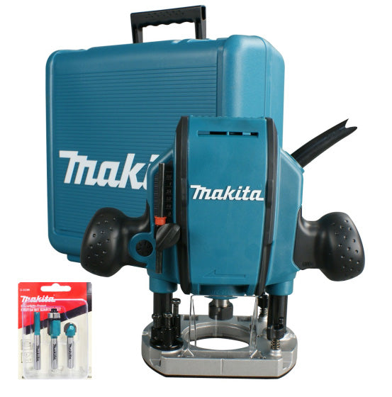 Makita RP0900X 1/4  Plunge Router 240v with Straight Guide & Router Bits in Carry Case Main Image